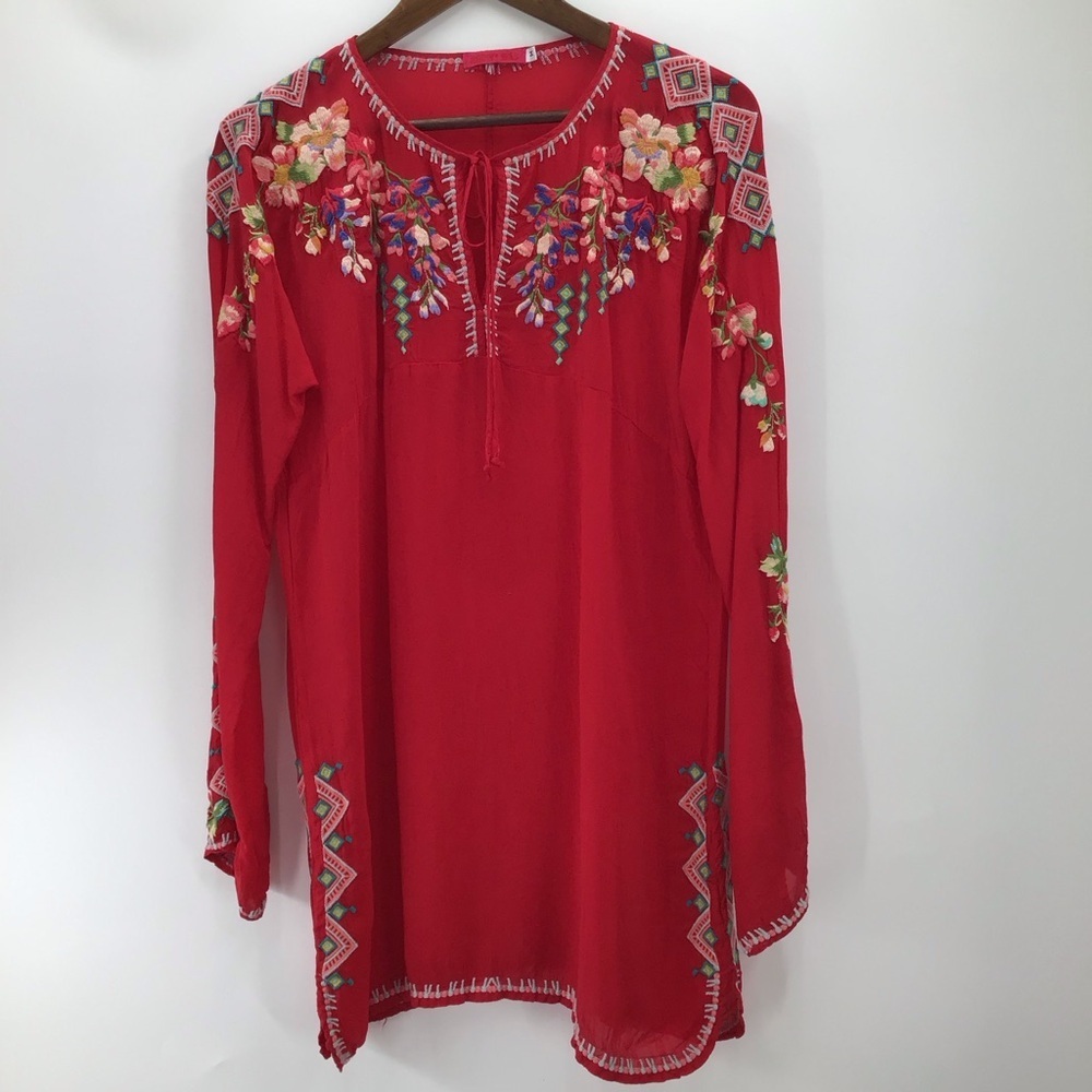 Johnny Was Vibrant Red Embroidered Long Sleeve Tunic - Picture 2 of 15